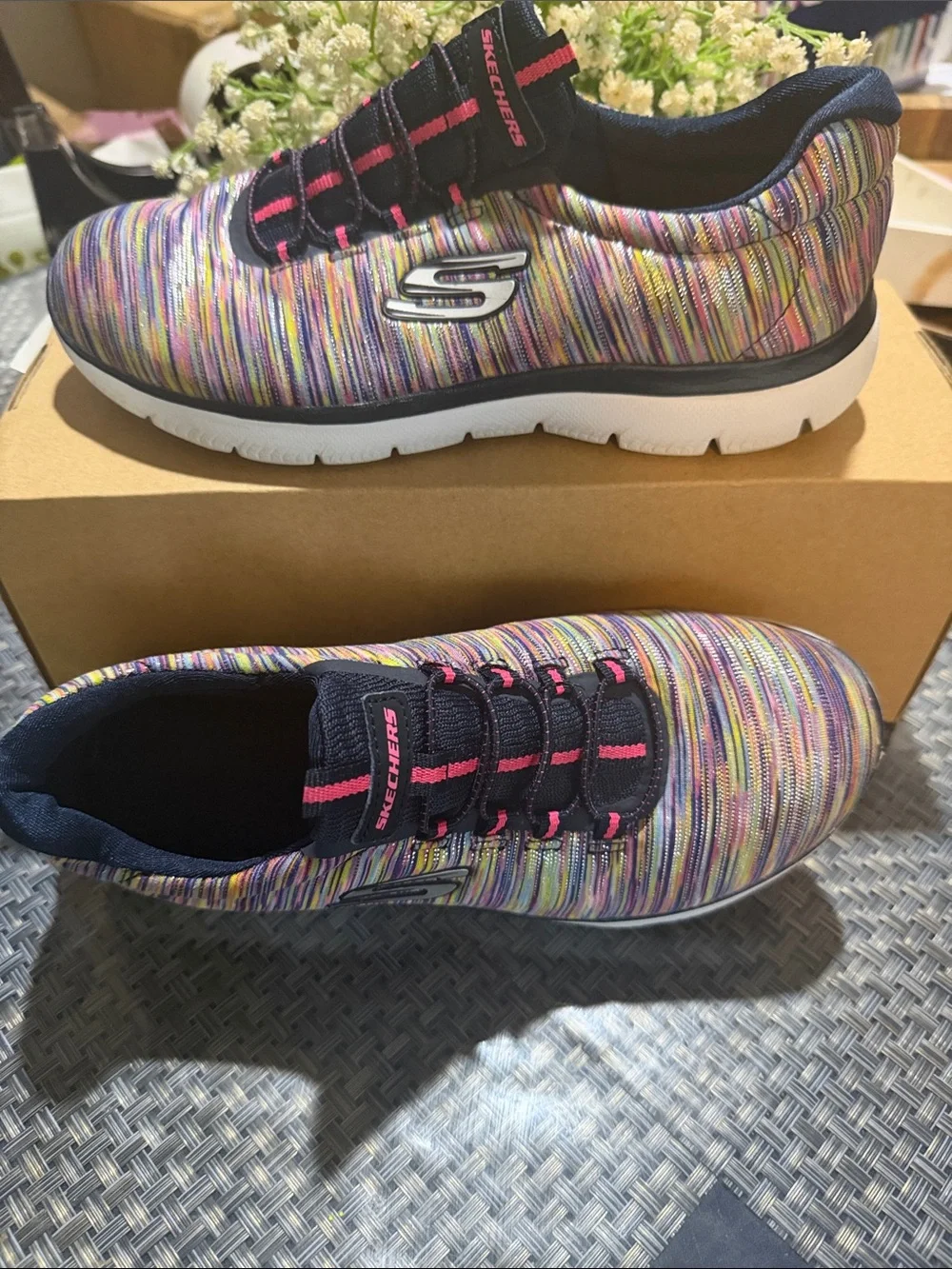 Skechers Women's Multicolor Knit Slip-On Sneakers with Pink Accents